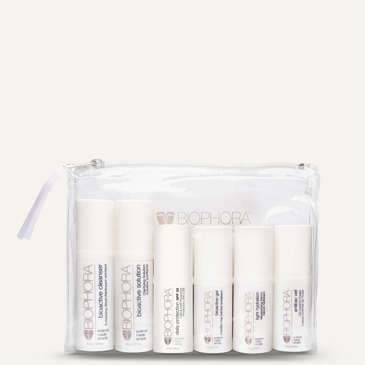 Contents of Biophora Acne/Oily Kit: Bioactive Cleanser, Bioactive Solution, Bioactive Gel, Light Hydration, Antibac Veil, Mineral SPF30