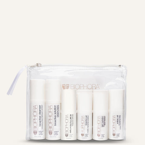 Contents of Biophora Acne/Oily Kit: Bioactive Cleanser, Bioactive Solution, Bioactive Gel, Light Hydration, Antibac Veil, Mineral SPF30